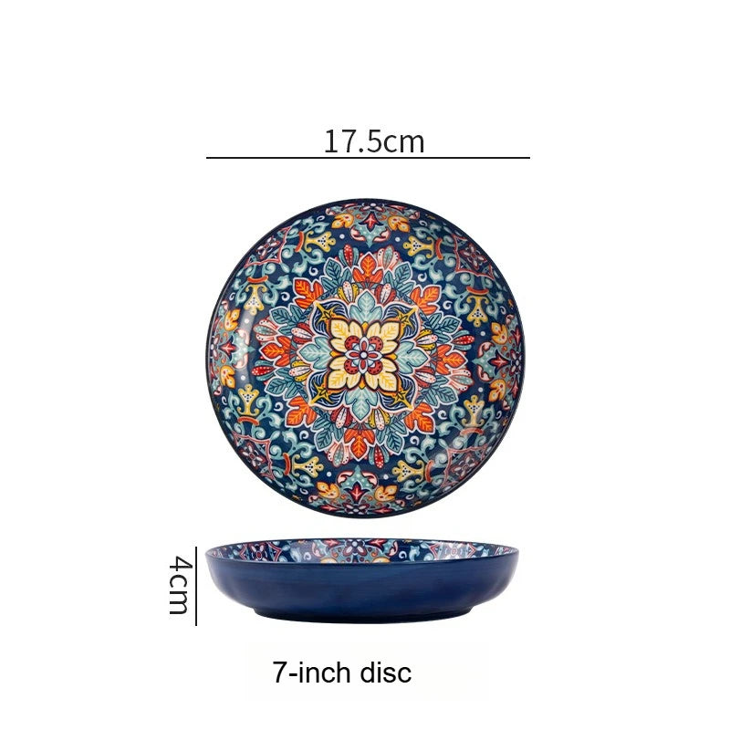 1pc Bohemian Style Ceramic Plate with High Aesthetic Value Home Creative 7-inch Fruit Plate Steak Plate Round Tableware